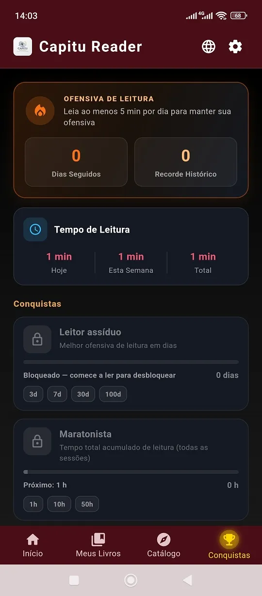Aba de Conquistas, Badges e Tempo de Leitura