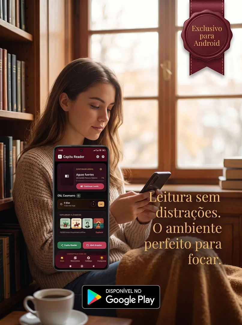 Mulher desfrutando de uma leitura tranquila no aplicativo Capitu Reader